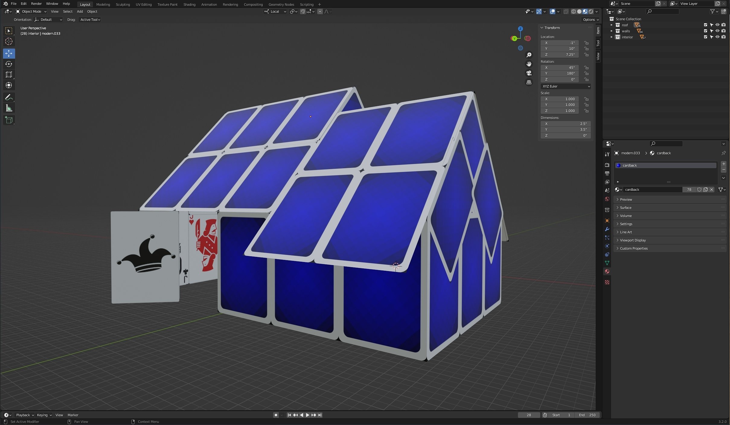 A 3D display of the house model in the game.